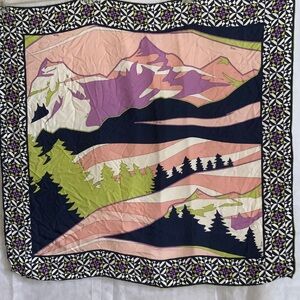 Emilio Pucci fuilio mountain Scene silk  scarf. Pink, Purple, Green, navy